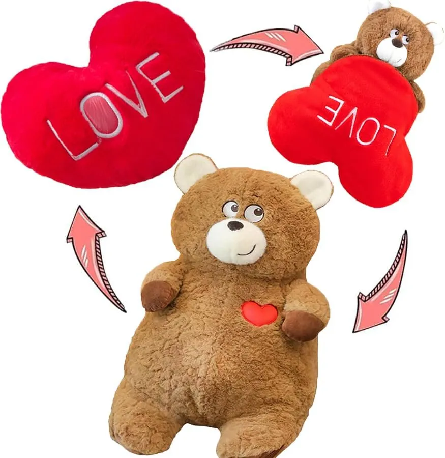 15.7Inch Cute Red Heart Plush Valentines Bear Stuffed Animal Pillow Cushion Toy Throw Pillows, Reversible Heart Bear Plushies, Gifts for Her Him Girlfriend Boyfriend Kids Girls Valentine's Day