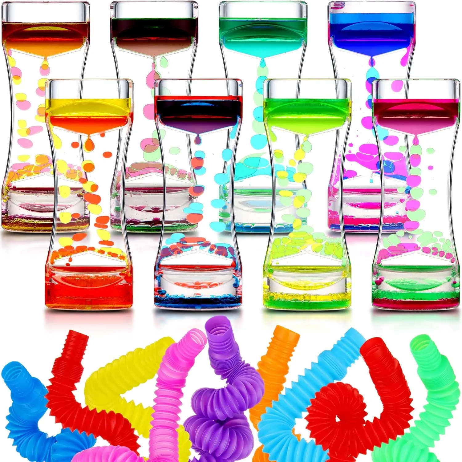 16 Pcs Liquid Motion Bubbler Sensory Toys and Tube Toy for Teens and Adults Fidget Toys Timer, Oil and Water Liquid Hourglass Relaxation Stress and ADHD Anxiety Autism