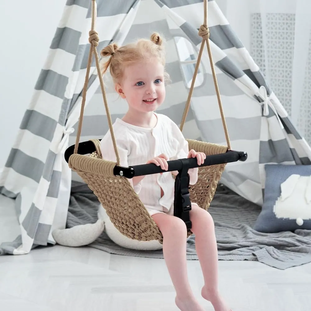 2 -in- 1 Toddler Swing. Swing Seat for Kids with Adjustable Ropes, for Kids Heavy Duty Rope Play Secure Children Swings Set, for Outdoor Indoor, Backyard. Upgrade Product (Light Brown)