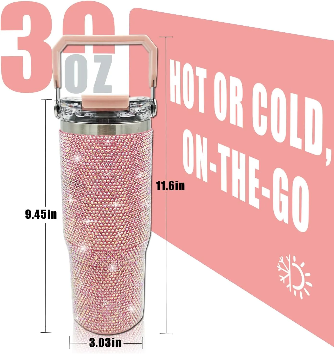 30oz Bling Rhinestone Studded Tumbler with Top Handle and Leakproof Lid Vacuum Insulated Stainless Steel Glitter Crystal Water Bottle with Flip Straw Reusable Cup Outdoors Travel Mugs (Light Pink)