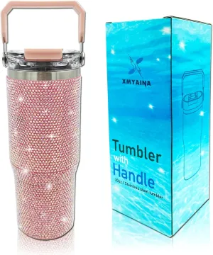 30oz Bling Rhinestone Studded Tumbler with Top Handle and Leakproof Lid Vacuum Insulated Stainless Steel Glitter Crystal Water Bottle with Flip Straw Reusable Cup Outdoors Travel Mugs (Light Pink)