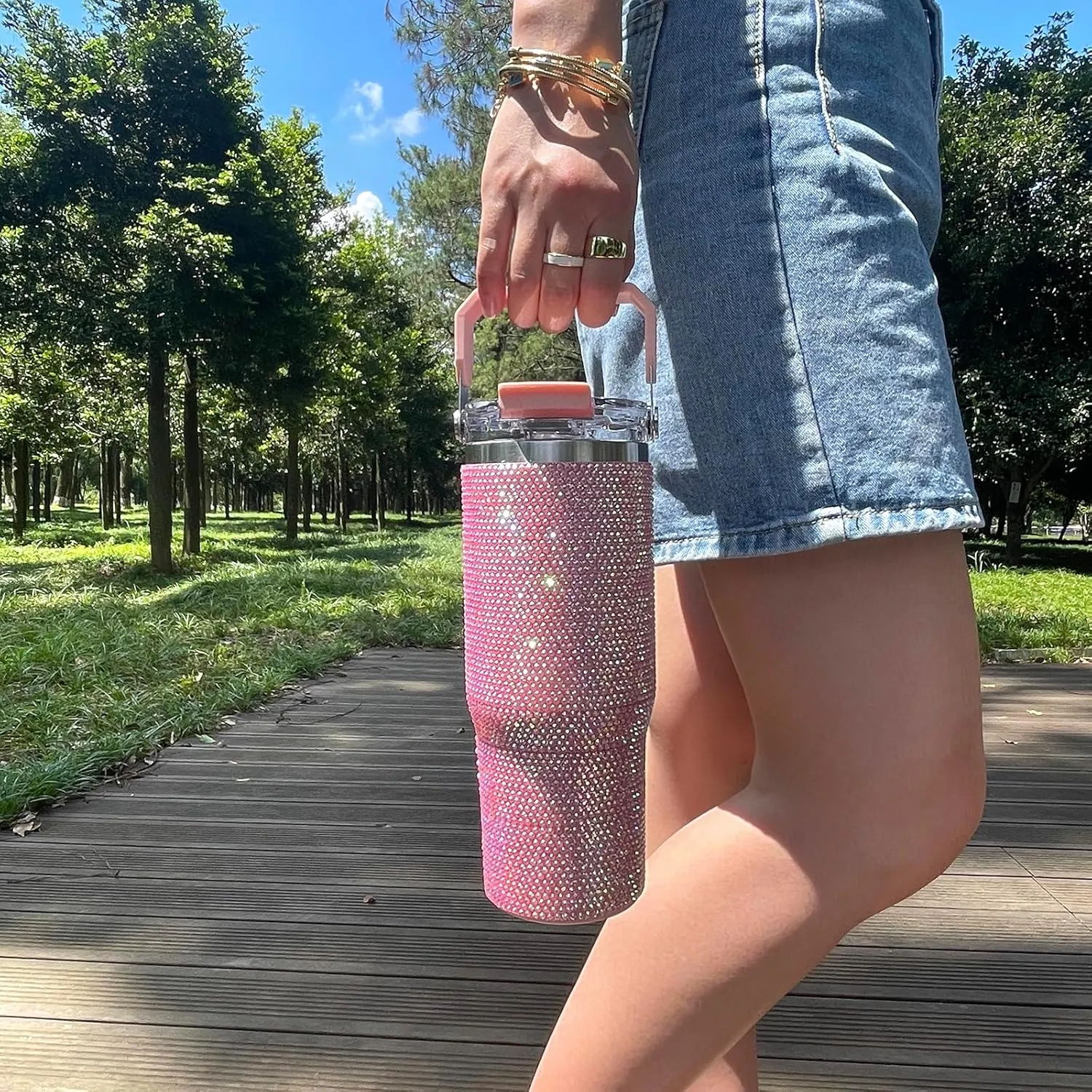 30oz Bling Rhinestone Studded Tumbler with Top Handle and Leakproof Lid Vacuum Insulated Stainless Steel Glitter Crystal Water Bottle with Flip Straw Reusable Cup Outdoors Travel Mugs (Light Pink)