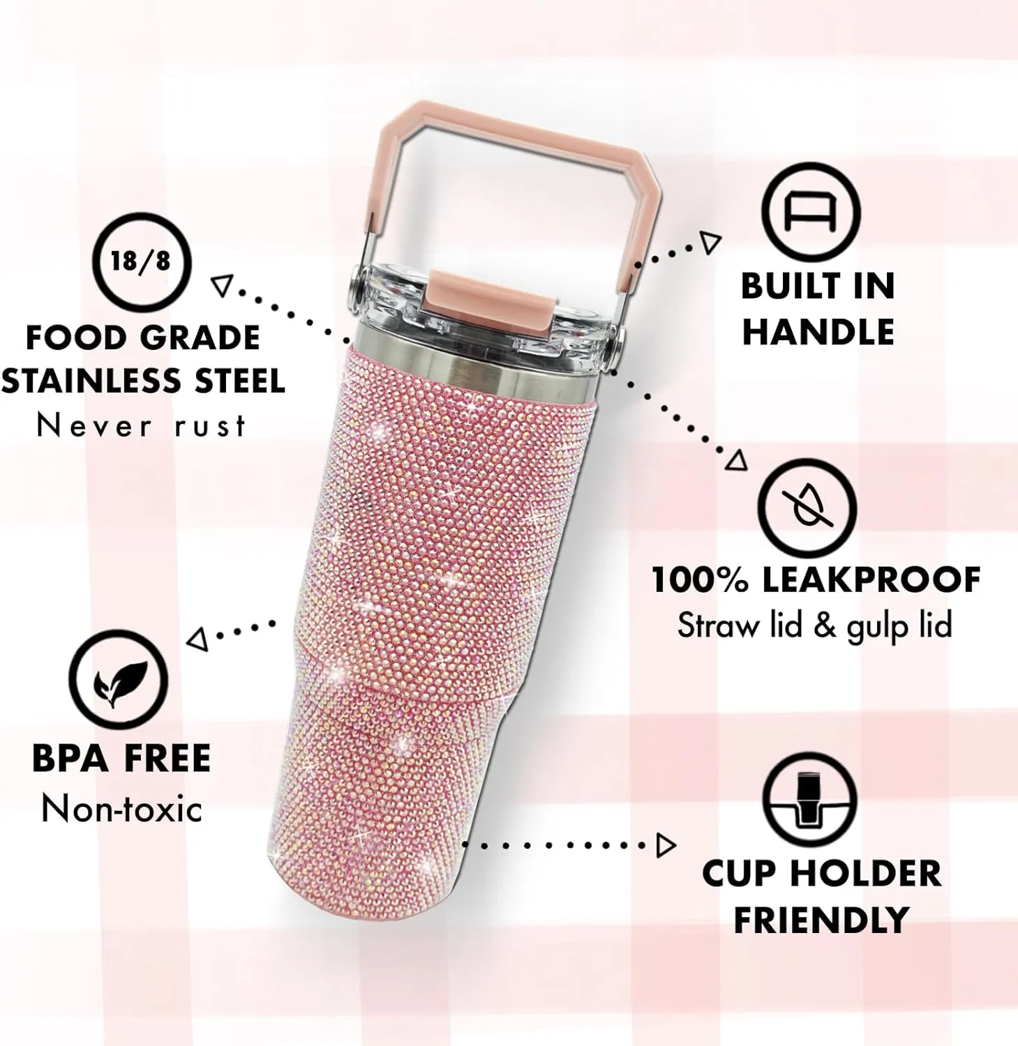 30oz Bling Rhinestone Studded Tumbler with Top Handle and Leakproof Lid Vacuum Insulated Stainless Steel Glitter Crystal Water Bottle with Flip Straw Reusable Cup Outdoors Travel Mugs (Light Pink)