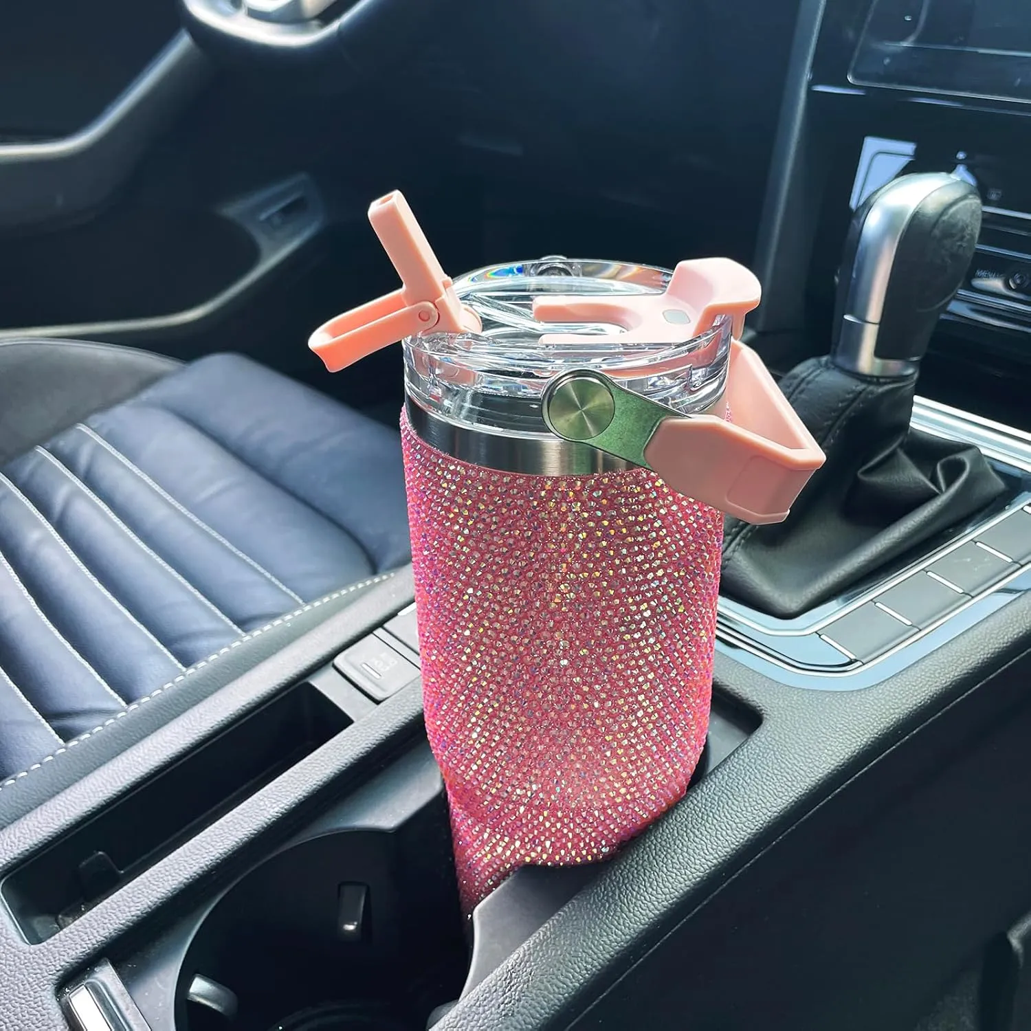 30oz Bling Rhinestone Studded Tumbler with Top Handle and Leakproof Lid Vacuum Insulated Stainless Steel Glitter Crystal Water Bottle with Flip Straw Reusable Cup Outdoors Travel Mugs (Light Pink)