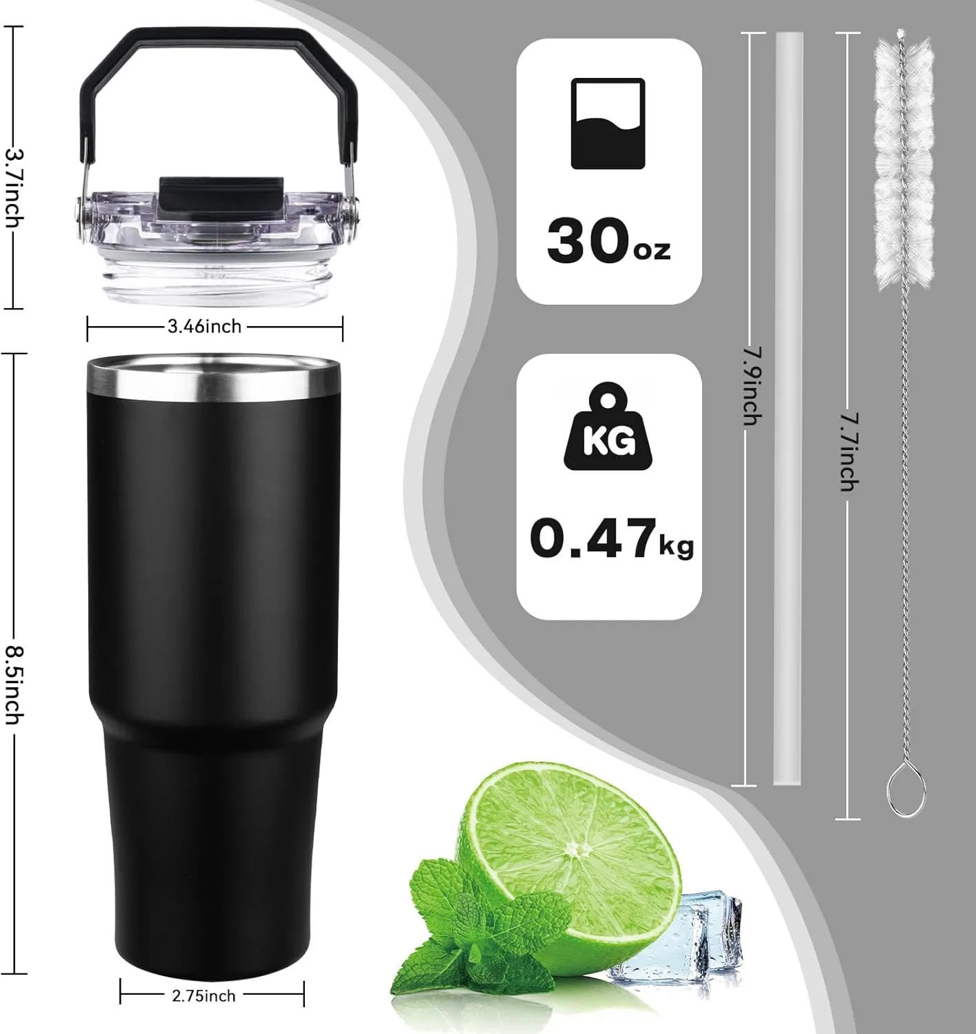 30oz Tumbler with Handle and Flip Straw Lid Double Wall Insulated Travel Coffee Mug Stainless Steel Vacuum Insulated Coffee Tumbler Cup for Hot and Cold Beverages,Leak-proof&BPA-free (30oz,Black)