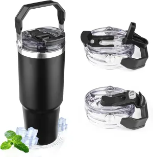 30oz Tumbler with Handle and Flip Straw Lid Double Wall Insulated Travel Coffee Mug Stainless Steel Vacuum Insulated Coffee Tumbler Cup for Hot and Cold Beverages,Leak-proof&BPA-free (30oz,Black)