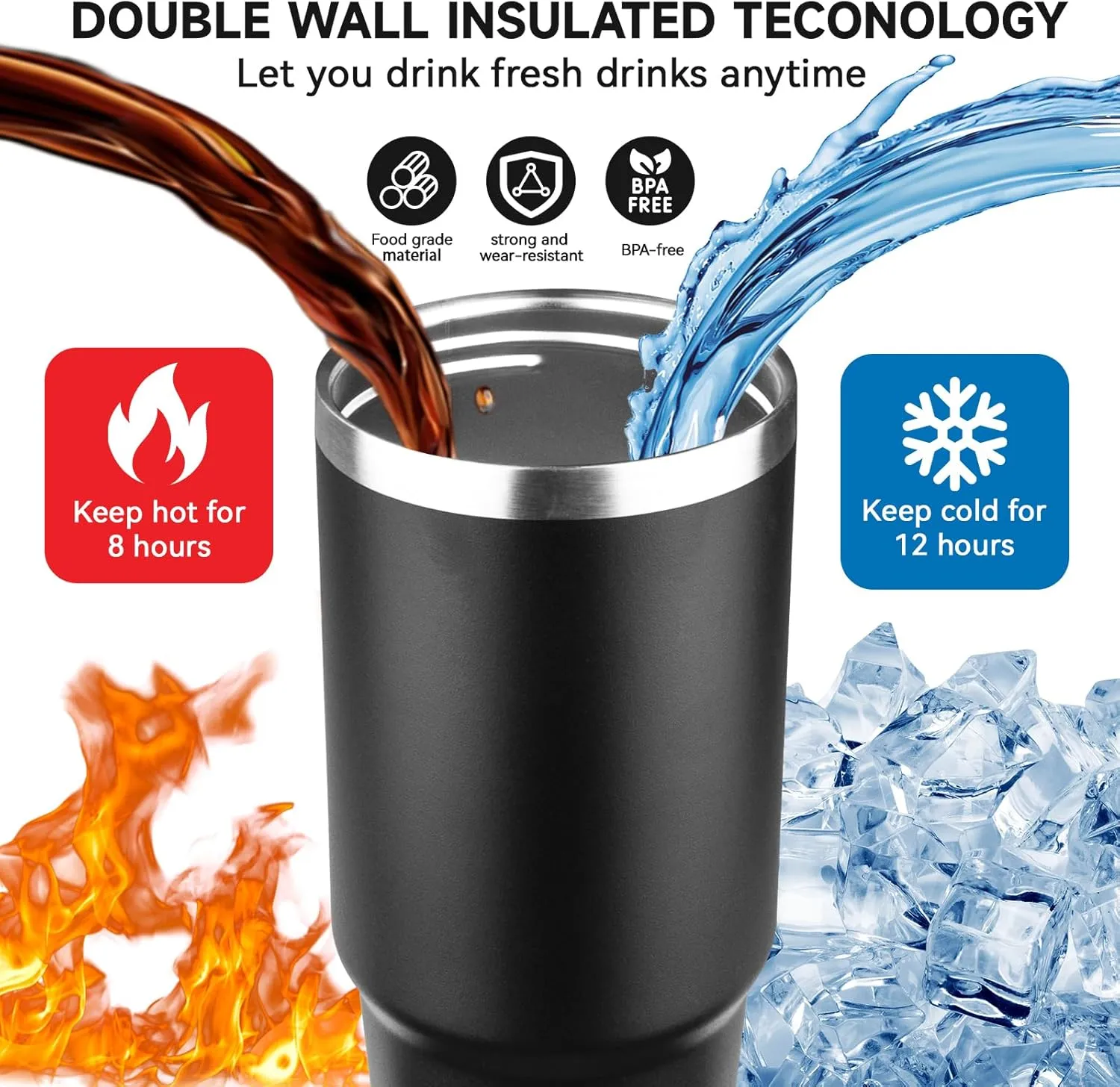 30oz Tumbler with Handle and Flip Straw Lid Double Wall Insulated Travel Coffee Mug Stainless Steel Vacuum Insulated Coffee Tumbler Cup for Hot and Cold Beverages,Leak-proof&BPA-free (30oz,Black)