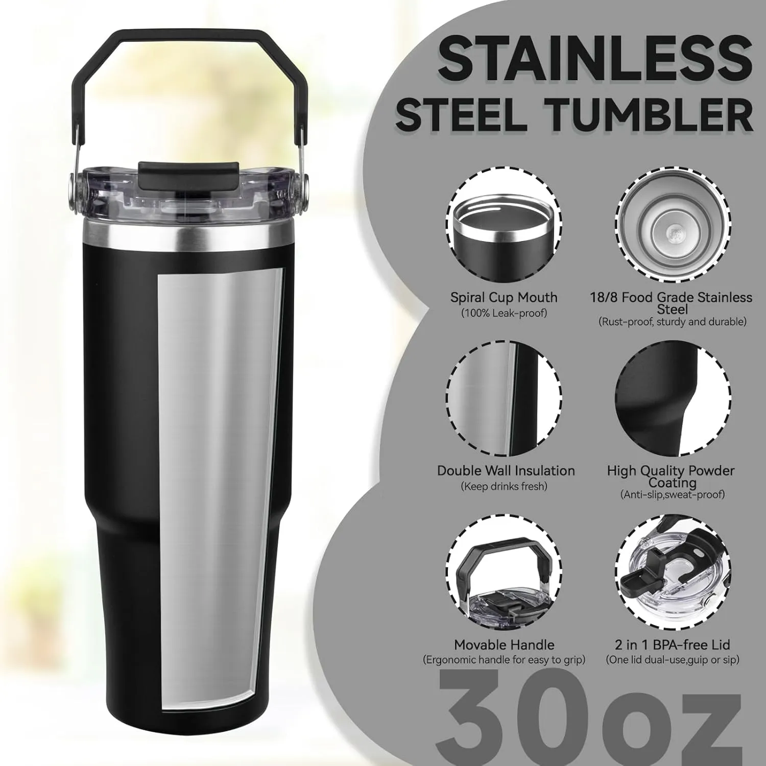 30oz Tumbler with Handle and Flip Straw Lid Double Wall Insulated Travel Coffee Mug Stainless Steel Vacuum Insulated Coffee Tumbler Cup for Hot and Cold Beverages,Leak-proof&BPA-free (30oz,Black)