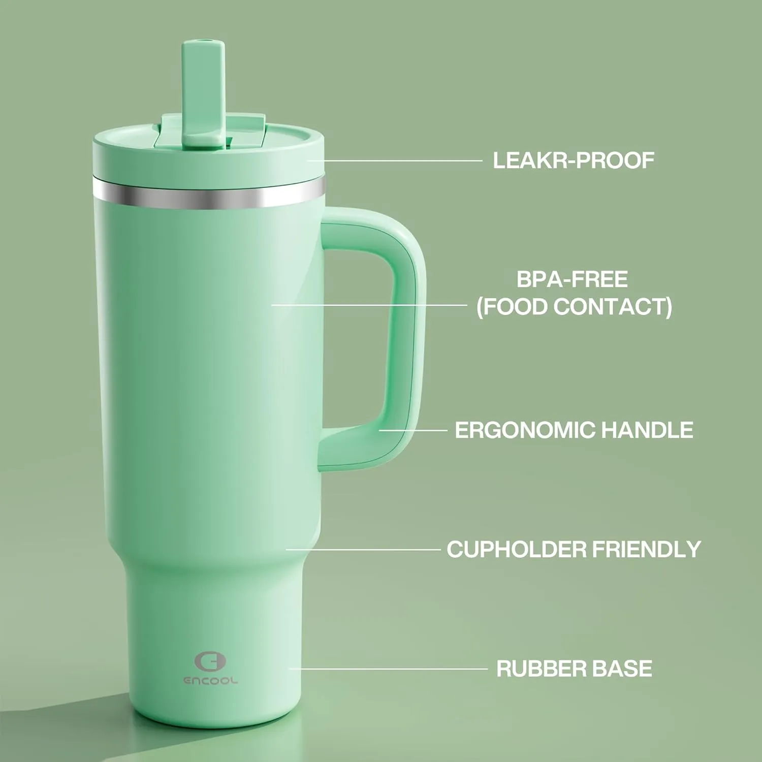40 oz Tumbler with Handle and Straw: Stainless Steel Insulated Tumbler Keeps Cold for 24 Hours, Leakproof Travel Cup Fits in Cup Holder and BPA-Free, Brook Green