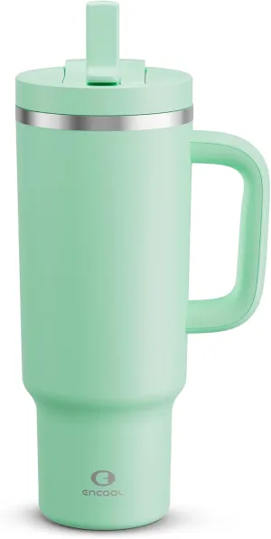 40 oz Tumbler with Handle and Straw: Stainless Steel Insulated Tumbler Keeps Cold for 24 Hours, Leakproof Travel Cup Fits in Cup Holder and BPA-Free, Brook Green