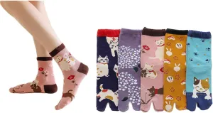 5Pairs Japanese Style Flip Flop Socks for Women Cartoon Cat Cotton Tabi Split Toe Sock Medium