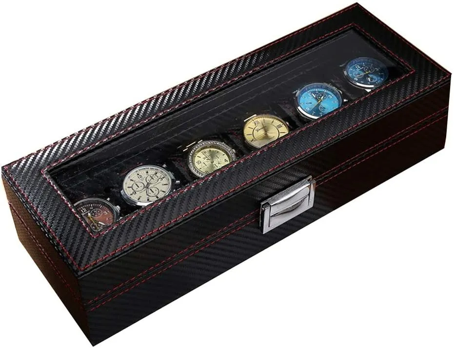 (6 Slots) Elegant Large Watch Box Organizer for Men Women, Transparent top, Portable Leather Watch Holder Mens Watches Case Storage Best Gift for The Husband, (Black,33x 12 x 8cm)
