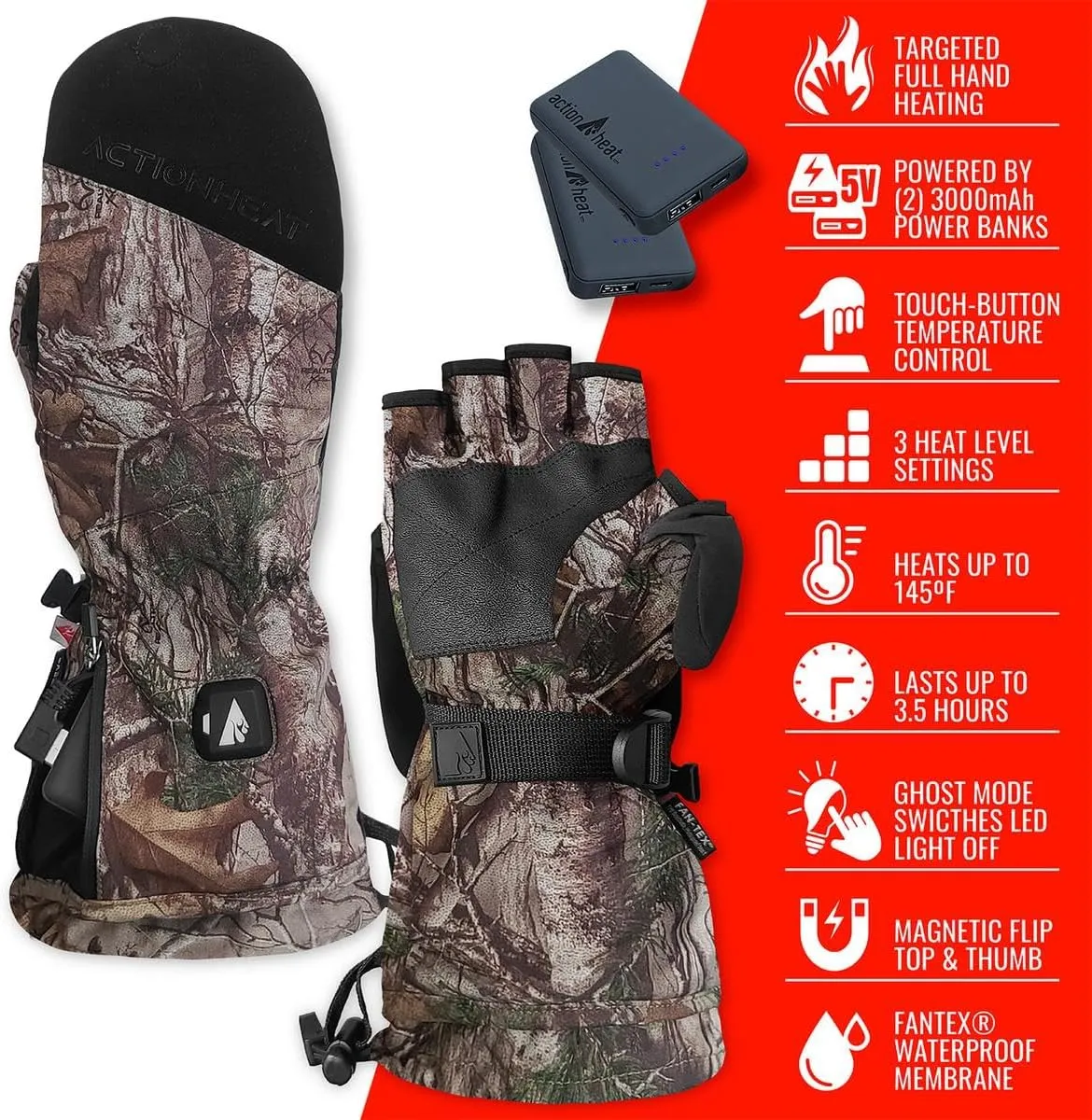 ActionHeat 5V Men's Battery Heated Glomitts – Gloves Plus Mitten Realtree Camouflage – Battery Operated Gloves – Up to 3.5 Hours Power