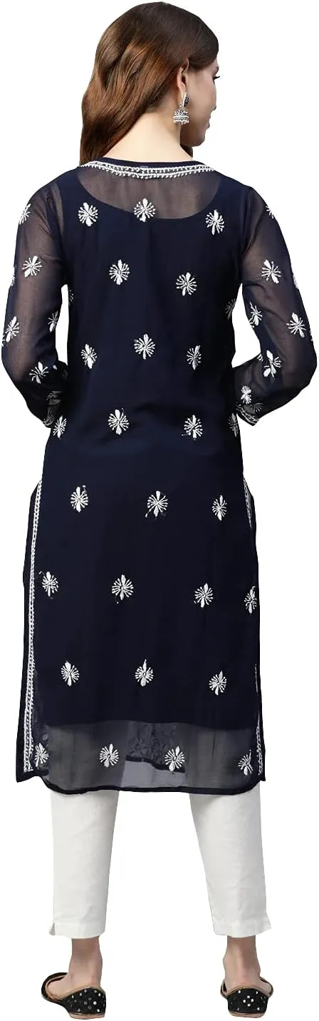 Ada Hand Embroidered Indian Chikankari Georgette Kurti Kurta with Slip for Women A90397