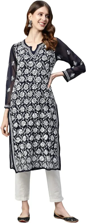 Ada Hand Embroidered Indian Chikankari Georgette Kurti Kurta with Slip for Women A90397