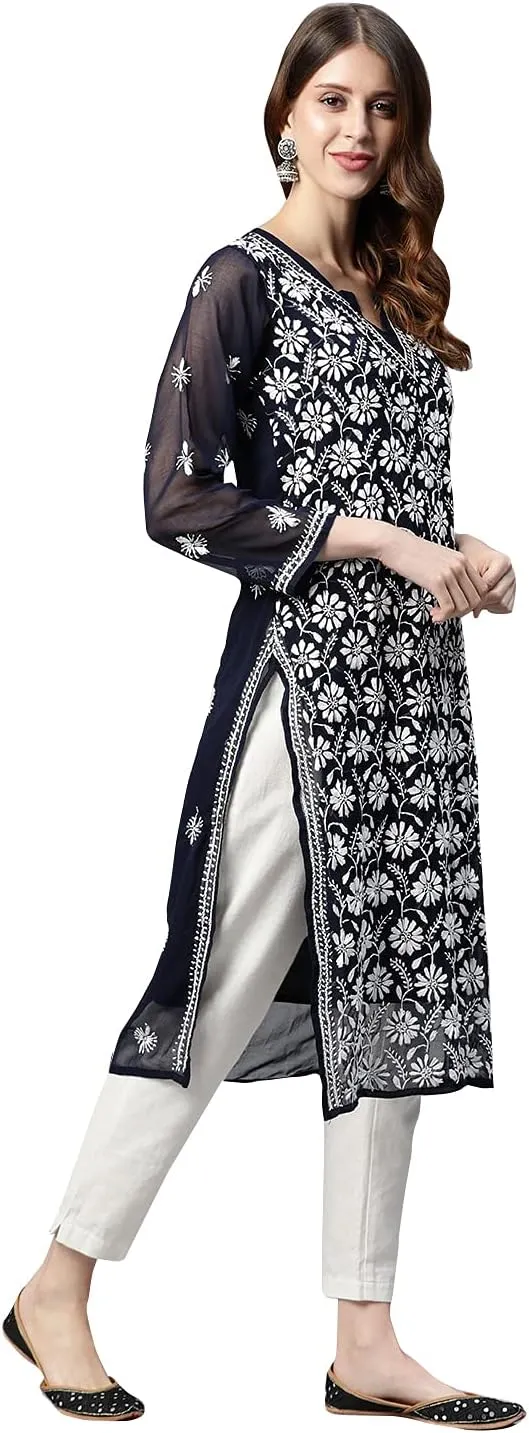 Ada Hand Embroidered Indian Chikankari Georgette Kurti Kurta with Slip for Women A90397