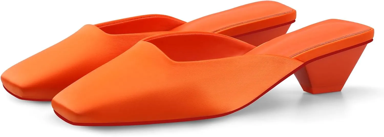 Adrizzlein Mule Heels for Women Square Toe Kitten Heel Satin Mules Closed Toe Low Heel Slides Sandals Summer Dress Shoes