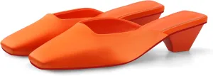 Adrizzlein Mule Heels for Women Square Toe Kitten Heel Satin Mules Closed Toe Low Heel Slides Sandals Summer Dress Shoes