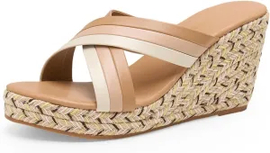 Alexis Leroy Women’s Comfortable Open Toe Crisscross Straps Slip on Wedge Sandals