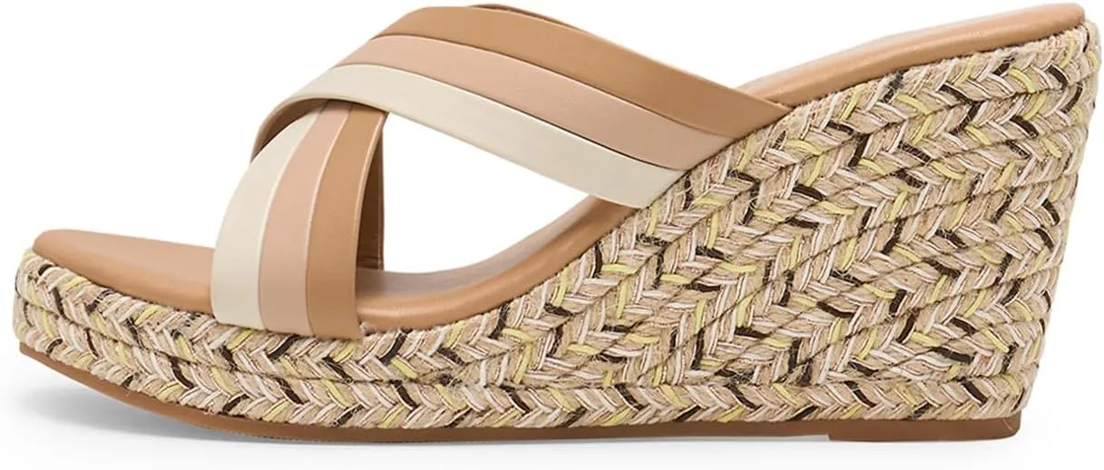 Alexis Leroy Women’s Comfortable Open Toe Crisscross Straps Slip on Wedge Sandals