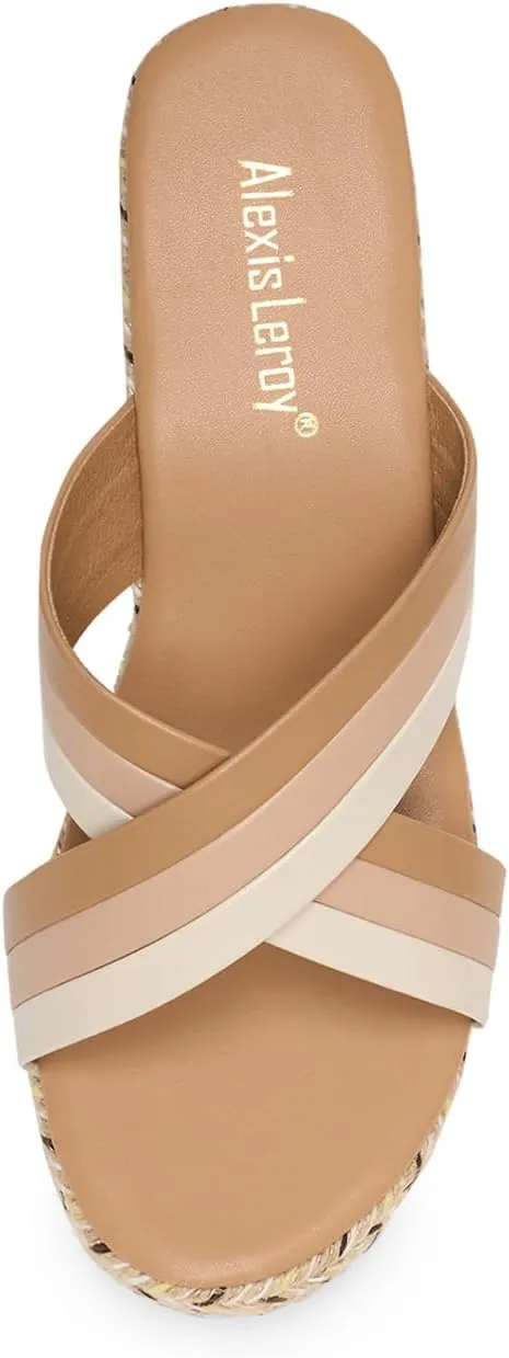 Alexis Leroy Women’s Comfortable Open Toe Crisscross Straps Slip on Wedge Sandals