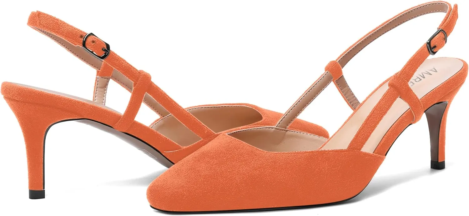 AMBELIGHT Womens Cute Office Square Toe Slingback Slip On Suede Kitten High Heel Pumps Shoes 2.5 Inch