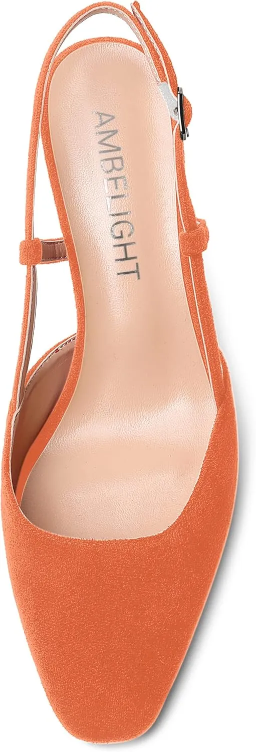 AMBELIGHT Womens Cute Office Square Toe Slingback Slip On Suede Kitten High Heel Pumps Shoes 2.5 Inch