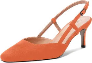 AMBELIGHT Womens Cute Office Square Toe Slingback Slip On Suede Kitten High Heel Pumps Shoes 2.5 Inch