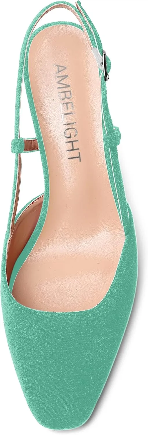 AMBELIGHT Womens Cute Office Square Toe Slingback Slip On Suede Kitten High Heel Pumps Shoes 2.5 Inch