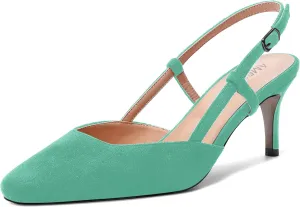 AMBELIGHT Womens Cute Office Square Toe Slingback Slip On Suede Kitten High Heel Pumps Shoes 2.5 Inch