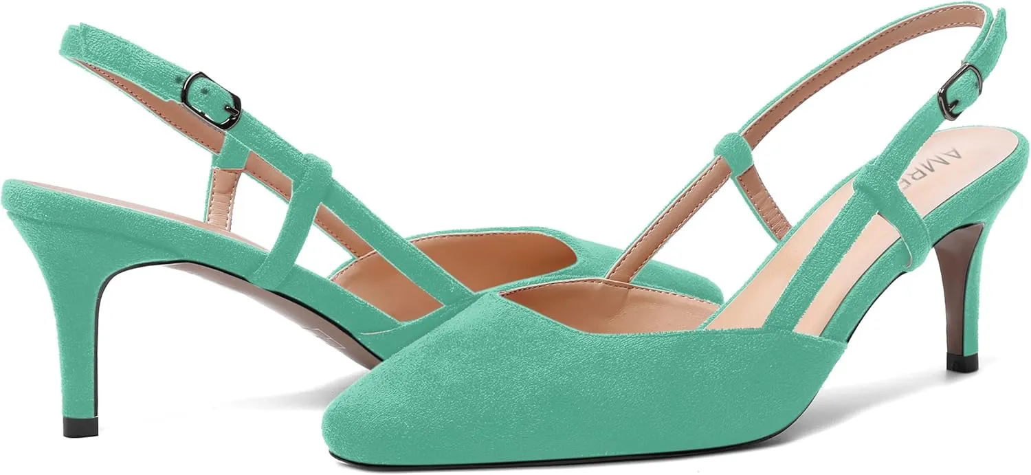 AMBELIGHT Womens Cute Office Square Toe Slingback Slip On Suede Kitten High Heel Pumps Shoes 2.5 Inch