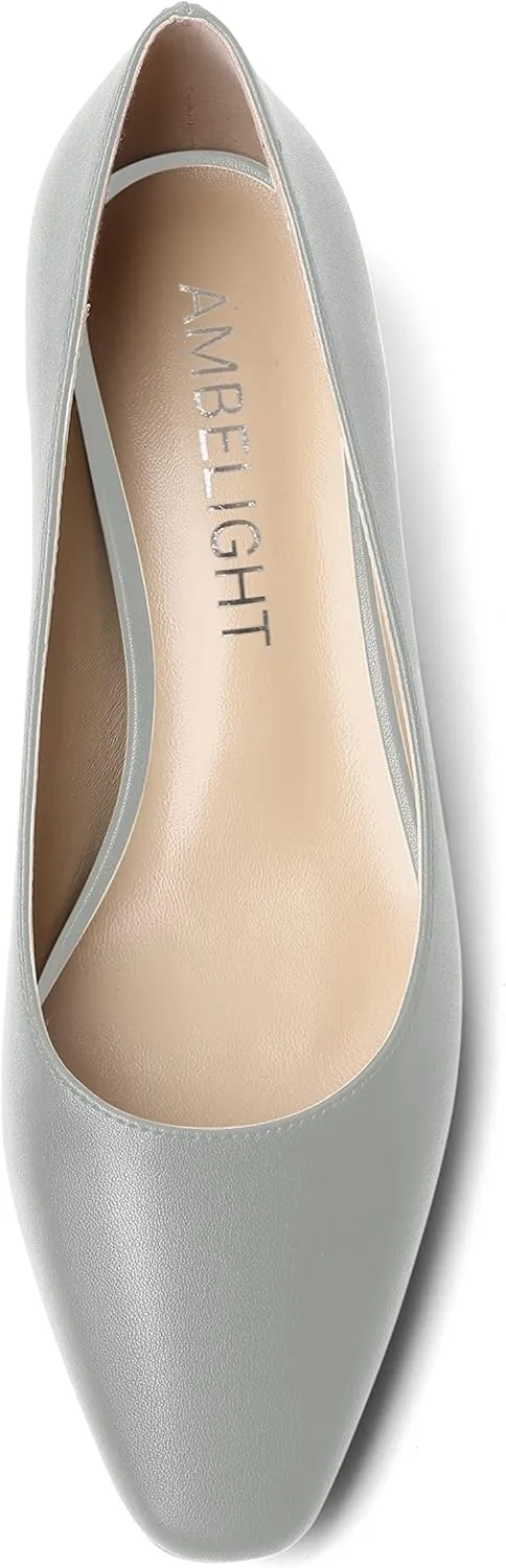 AMBELIGHT Womens Square Toe Solid Matte Office Casual Slip On Kitten Low Heel Pumps Shoes 1.5 Inch