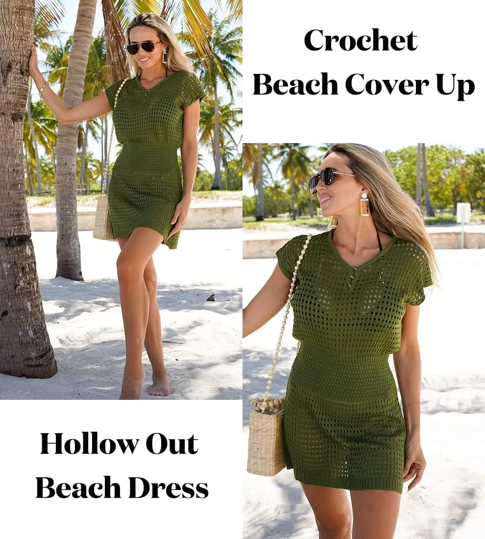 AOLRO Women's Swim Coverups Crochet Hollow Out Short Sleeve V Neck Beach Swimsuit Bathing Suit Cover Up Dresses S-XXL