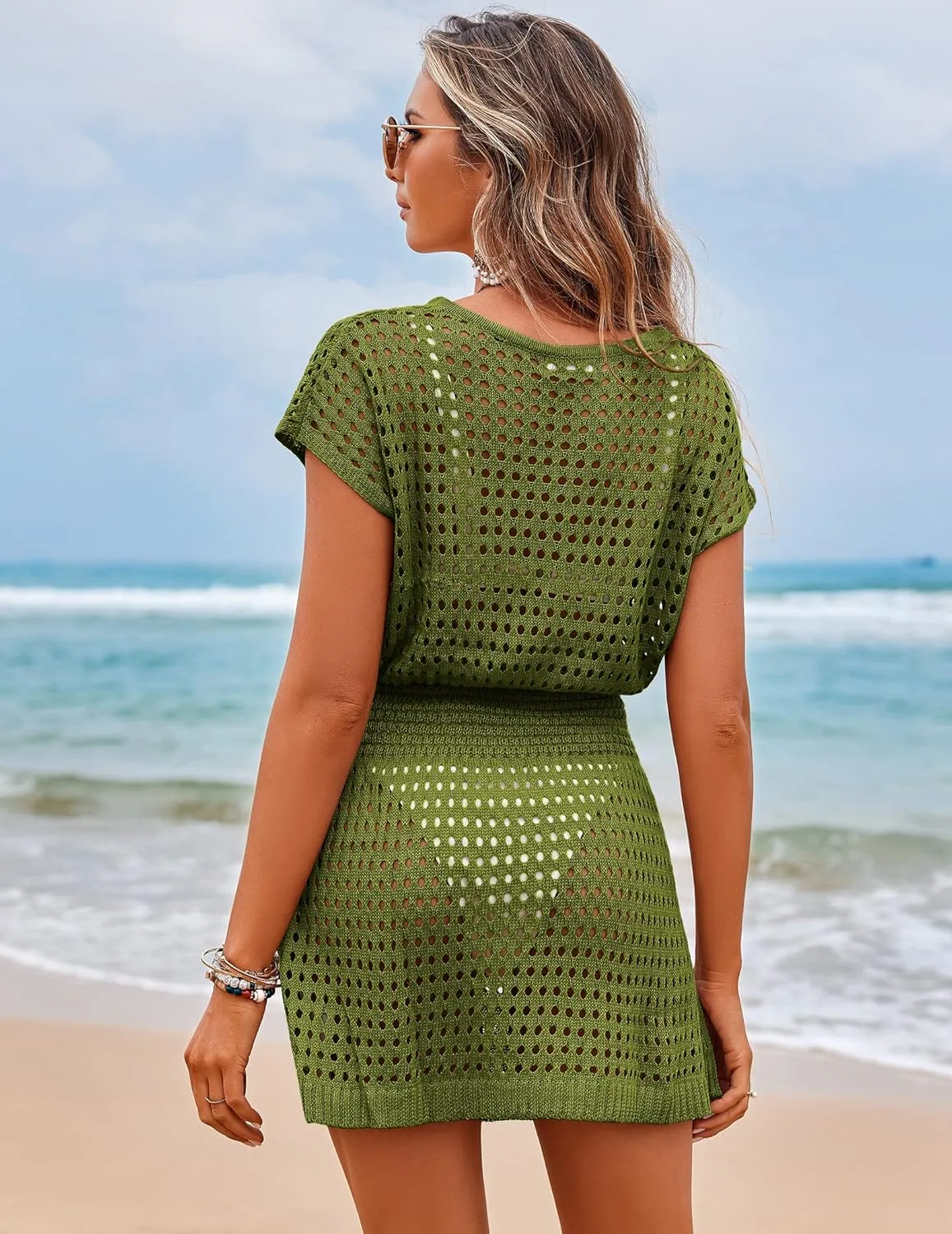 AOLRO Women's Swim Coverups Crochet Hollow Out Short Sleeve V Neck Beach Swimsuit Bathing Suit Cover Up Dresses S-XXL