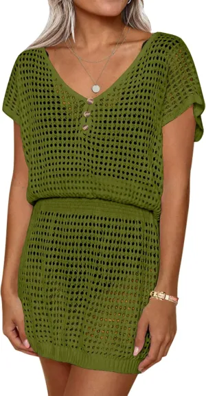 AOLRO Women's Swim Coverups Crochet Hollow Out Short Sleeve V Neck Beach Swimsuit Bathing Suit Cover Up Dresses S-XXL