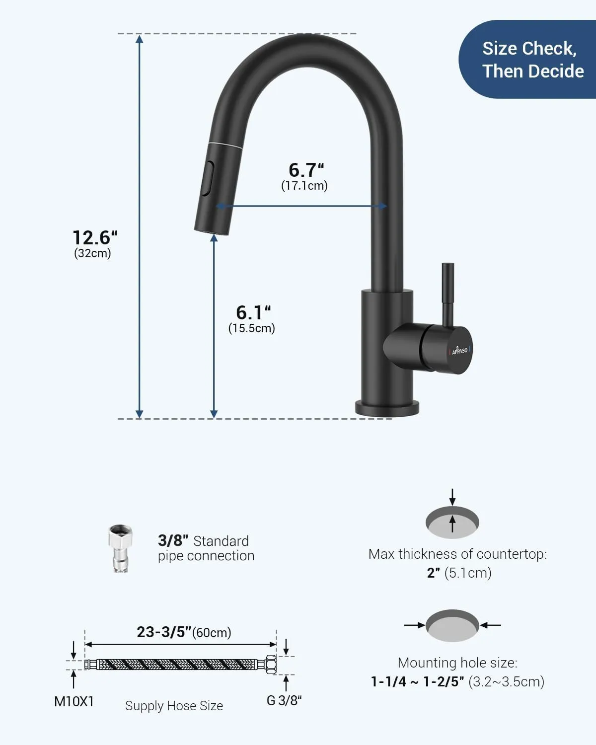 APPASO Bar Sink Faucet, Stainless Steel Kitchen Faucet with Pull Down Sprayer, Modern Single Handle High Arch, Utility Faucet for RV Camper Outdoor Without Deck Plate, Matte Black