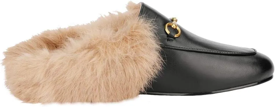 Arqa Fur Mules for Women Comfortable Leather Buckle Mule Flats Furry Padded Backless Loafers Casual Slides Shoes