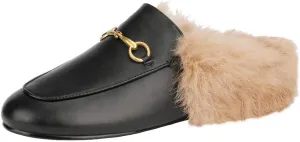 Arqa Fur Mules for Women Comfortable Leather Buckle Mule Flats Furry Padded Backless Loafers Casual Slides Shoes