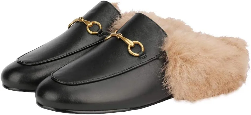 Arqa Fur Mules for Women Comfortable Leather Buckle Mule Flats Furry Padded Backless Loafers Casual Slides Shoes