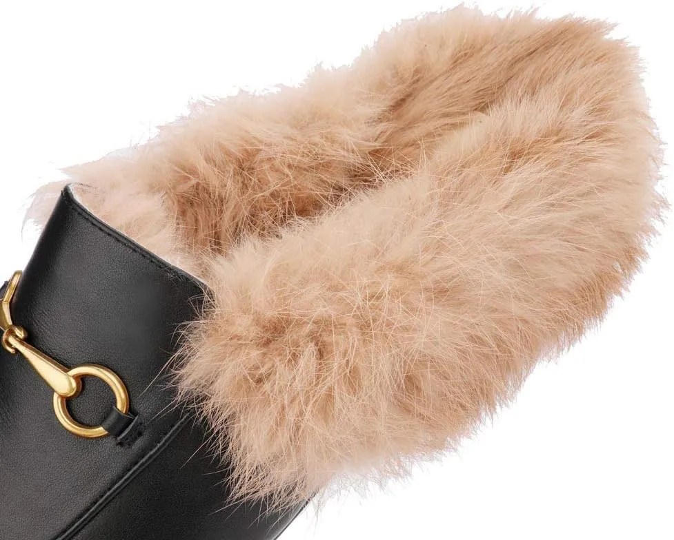 Arqa Fur Mules for Women Comfortable Leather Buckle Mule Flats Furry Padded Backless Loafers Casual Slides Shoes