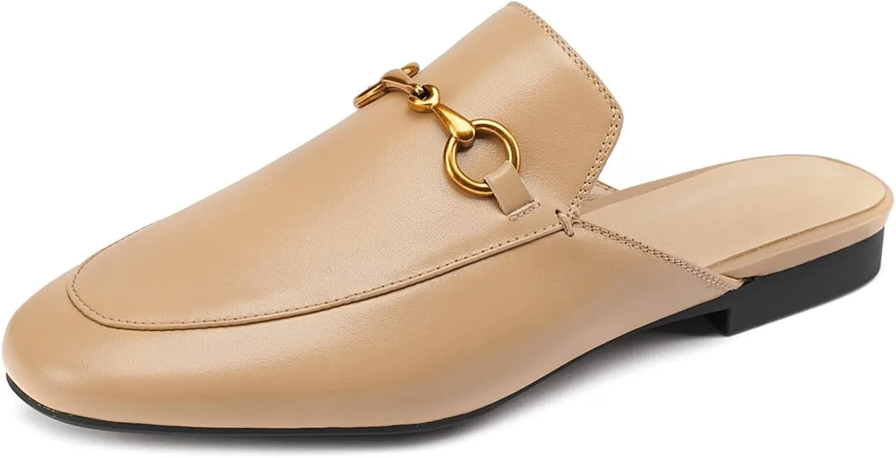 Arqa Mules for Women Almond Toe Leather Flats Slip-on Comfort Backless Loafers Buckle Mule Shoes