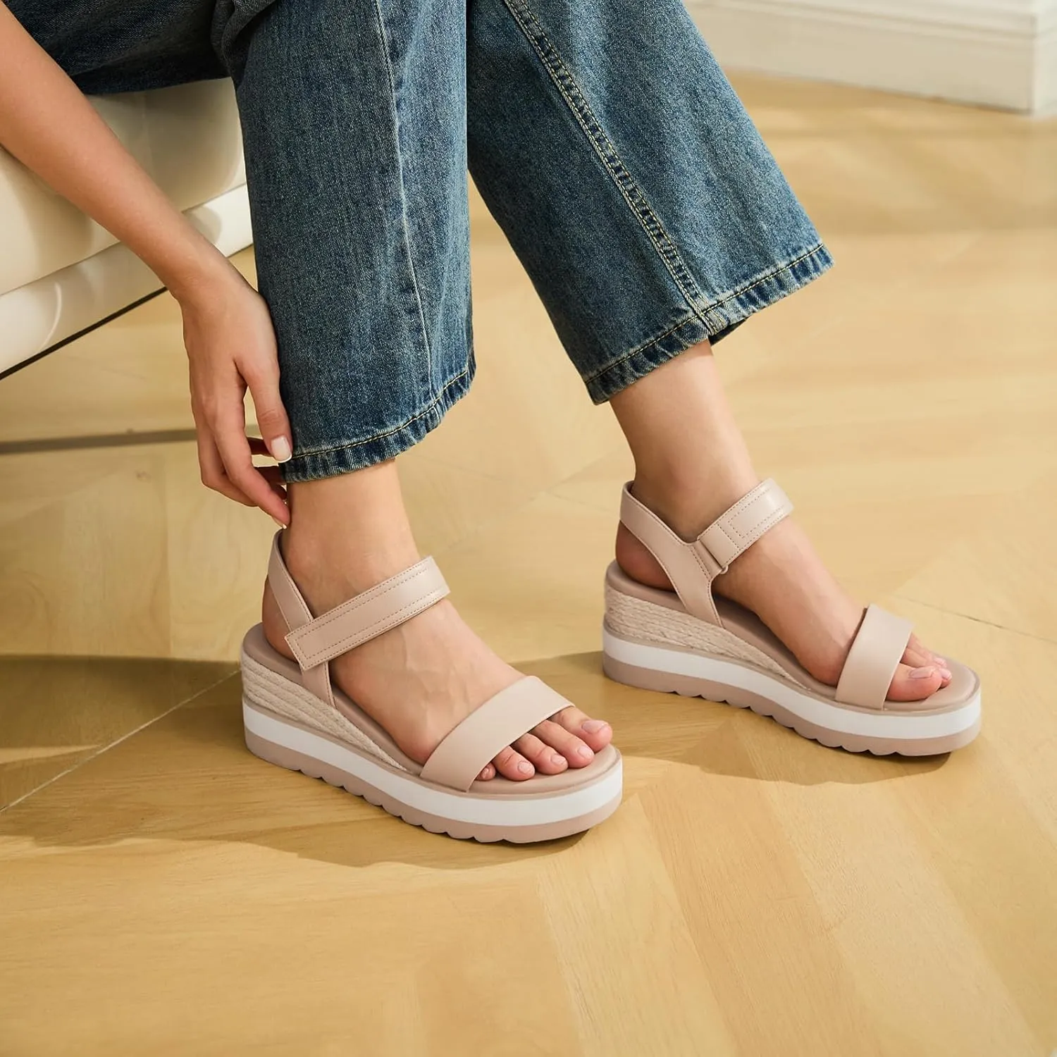 Athlefit Platform Sandals Women Espadrille Wedge Comfortable Ankle Strap Open Toe Sandals for Walking