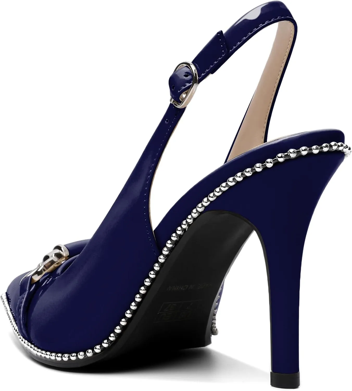 AUMOTED Women Beaded Pumps Slingback High Heel Stilettos Pointed Toe Shoes Slip On 3.5 Inch Ankle Strap Adjustable Patent Leather US Size 5-13