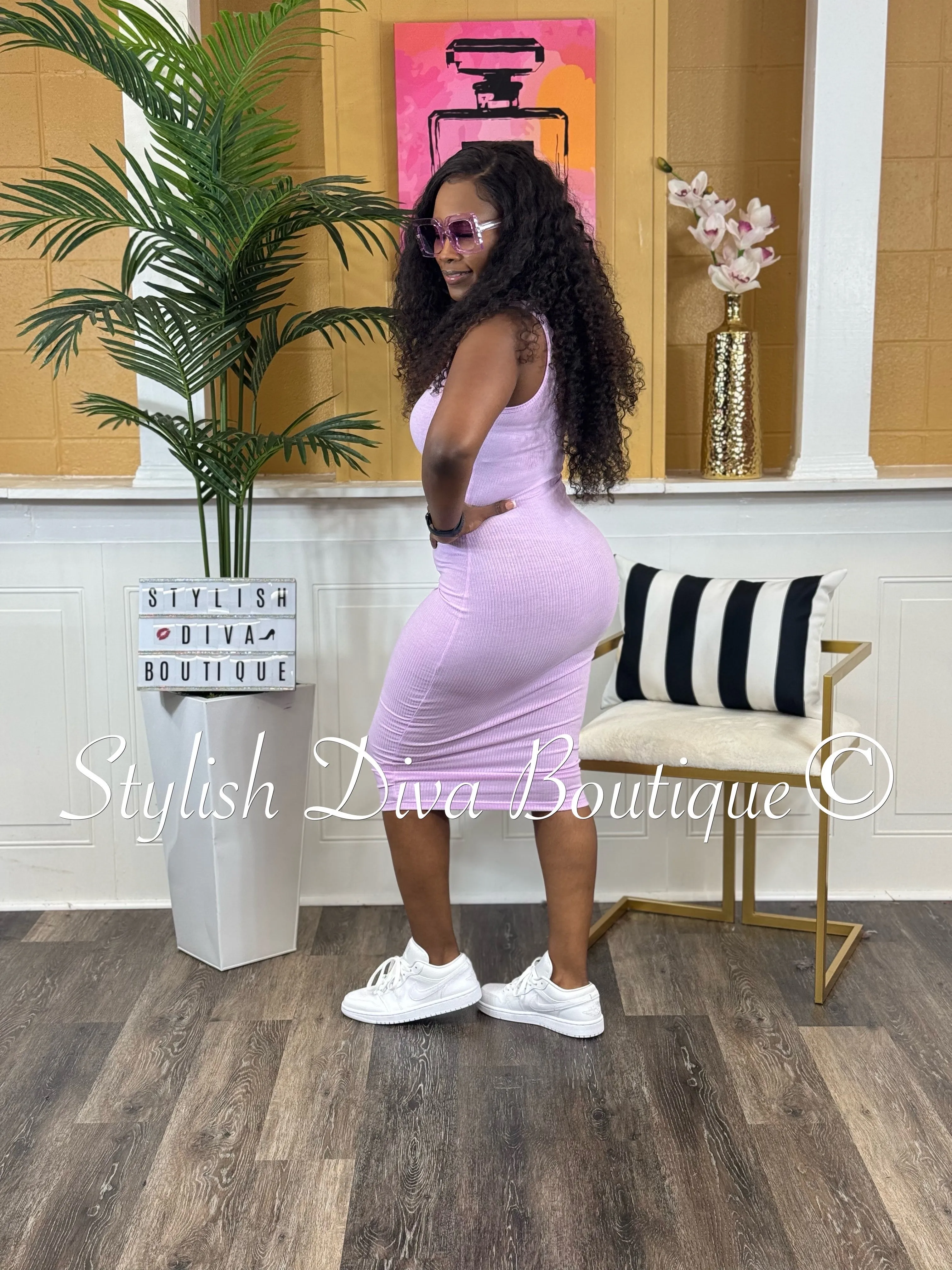 Avi Ribbed Midi Dress (Lilac)
