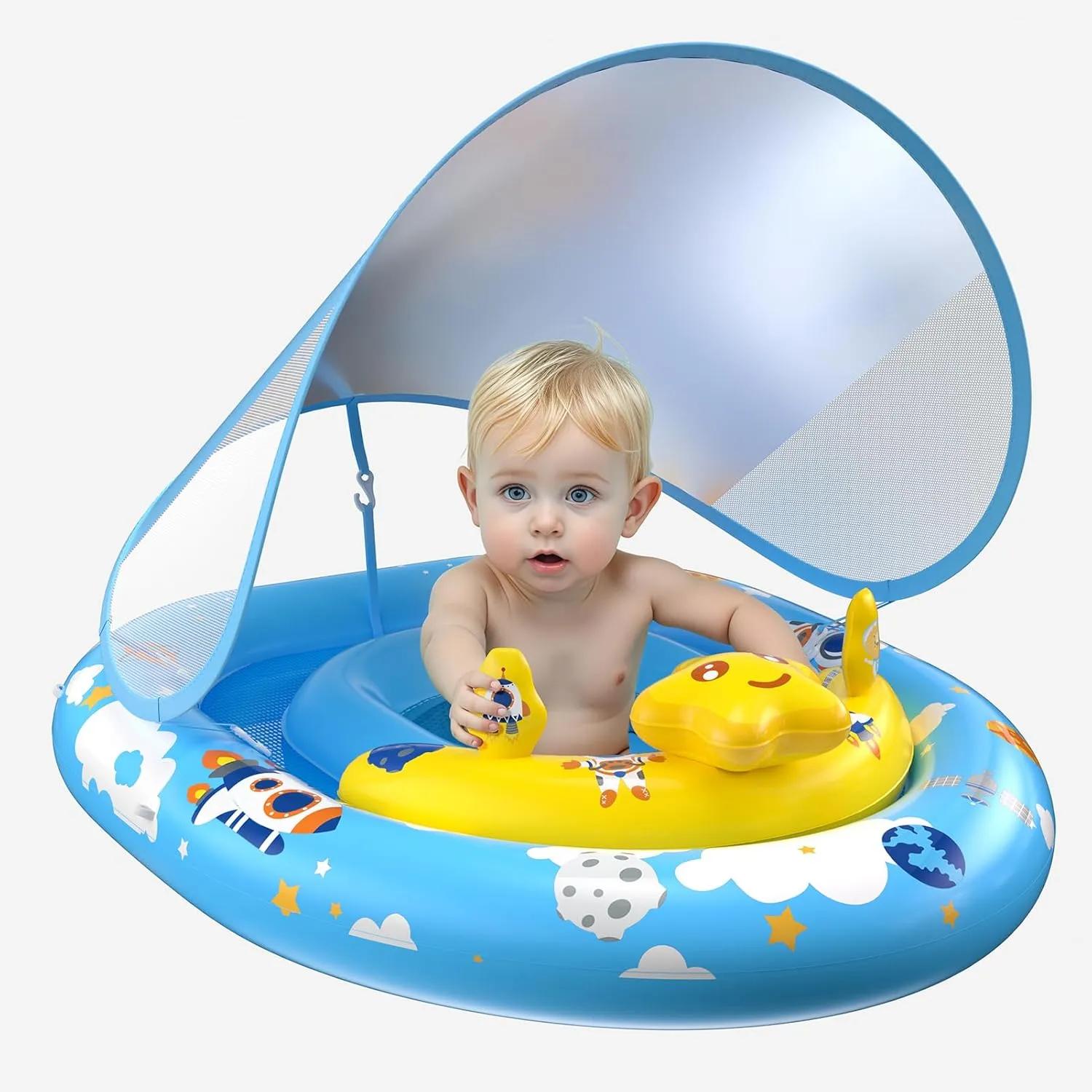 Baby Pool Float with Canopy UPF50  Sun Protection, Inflatable Kids Pool Floats Infant Swimming Float with Toy Play Console Adjustable Safety Seat for Kids Girls Boys Aged 6-36 Months