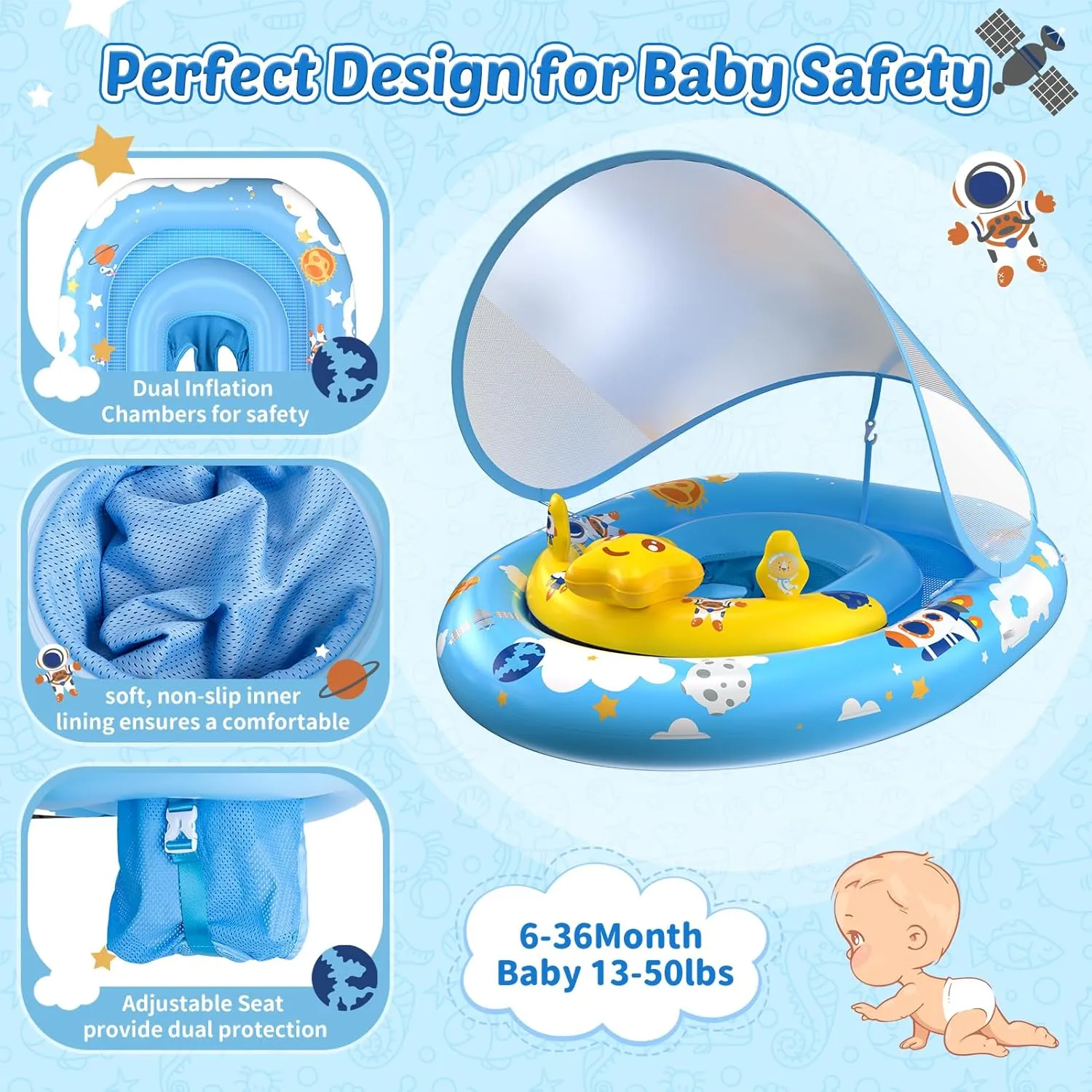 Baby Pool Float with Canopy UPF50  Sun Protection, Inflatable Kids Pool Floats Infant Swimming Float with Toy Play Console Adjustable Safety Seat for Kids Girls Boys Aged 6-36 Months