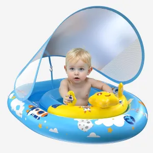 Baby Pool Float with Canopy UPF50  Sun Protection, Inflatable Kids Pool Floats Infant Swimming Float with Toy Play Console Adjustable Safety Seat for Kids Girls Boys Aged 6-36 Months