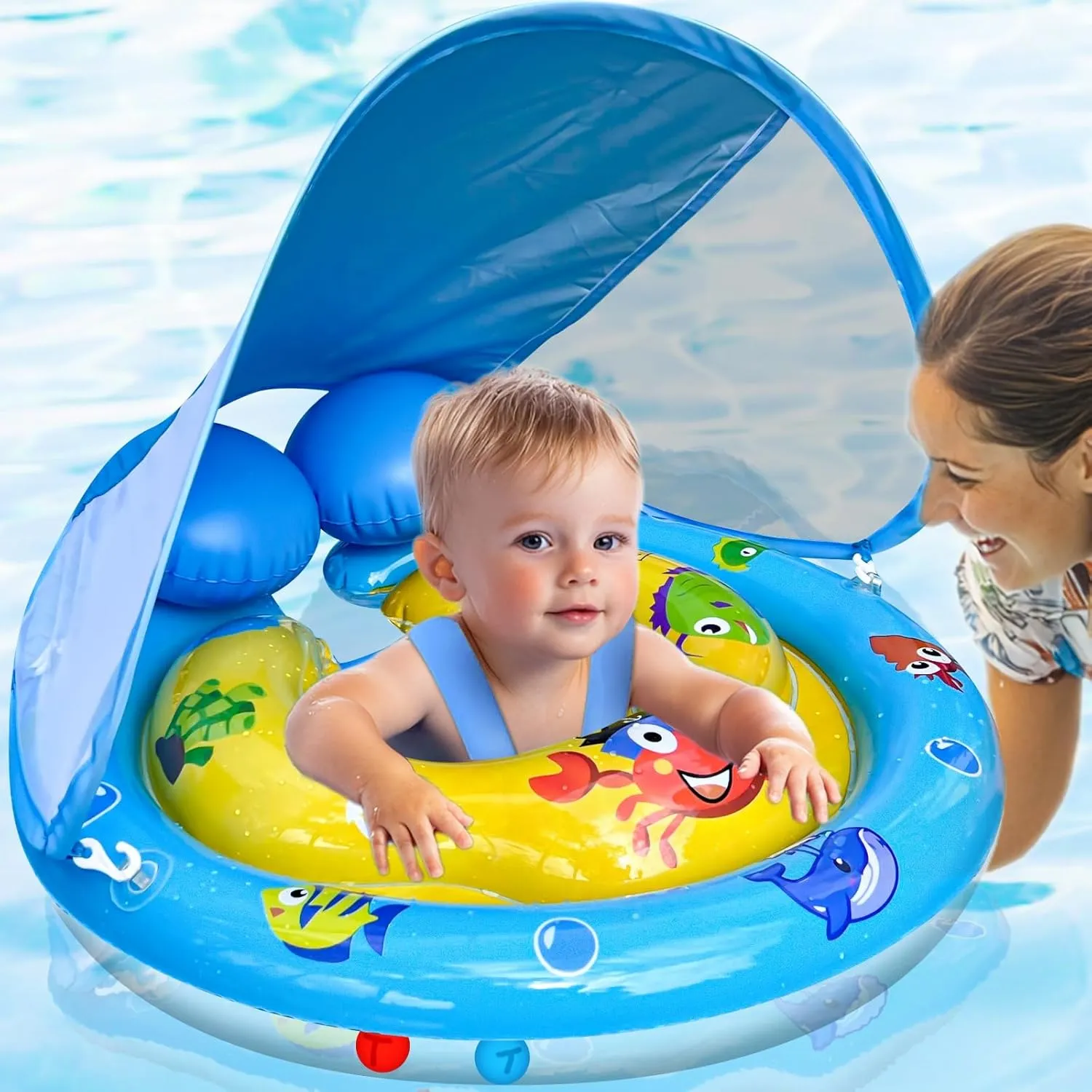 Baby Pool Swimming Float with Removable Canopy & Adjustable Seat - UPF50  Sun Protection, Double Tail Airbag for Stability - Safe Pool Float for Infants Toddler 6-36 Months,Extra-Wide Baby Swim Ring