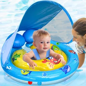 Baby Pool Swimming Float with Removable Canopy & Adjustable Seat - UPF50  Sun Protection, Double Tail Airbag for Stability - Safe Pool Float for Infants Toddler 6-36 Months,Extra-Wide Baby Swim Ring