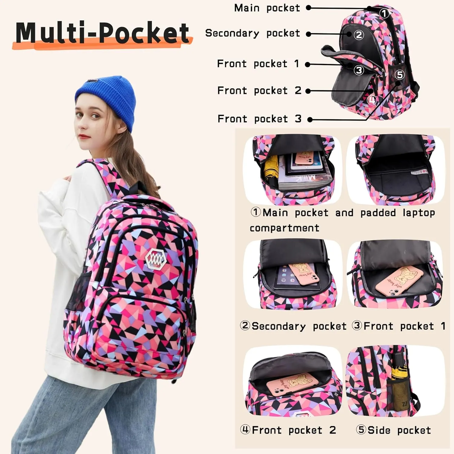 Bansusu Geometric Print Kids Backpack for Girls Boys School Bag Bookbags